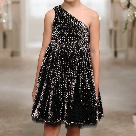 GRACE KARIN Black Gold Sequin Tulle One Shoulder Wedding or Party Dress Size 8Y - Picture 1 of 17